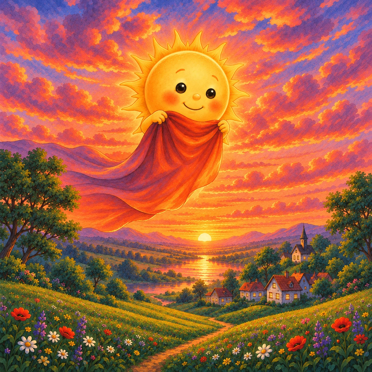 Originalillustration aus Kapitel 8: Sunny hält ihr orange-rotes Abendkleid vor einem lilafarbenen Himmel; im Tal leuchten die Fenster kleiner Häuser