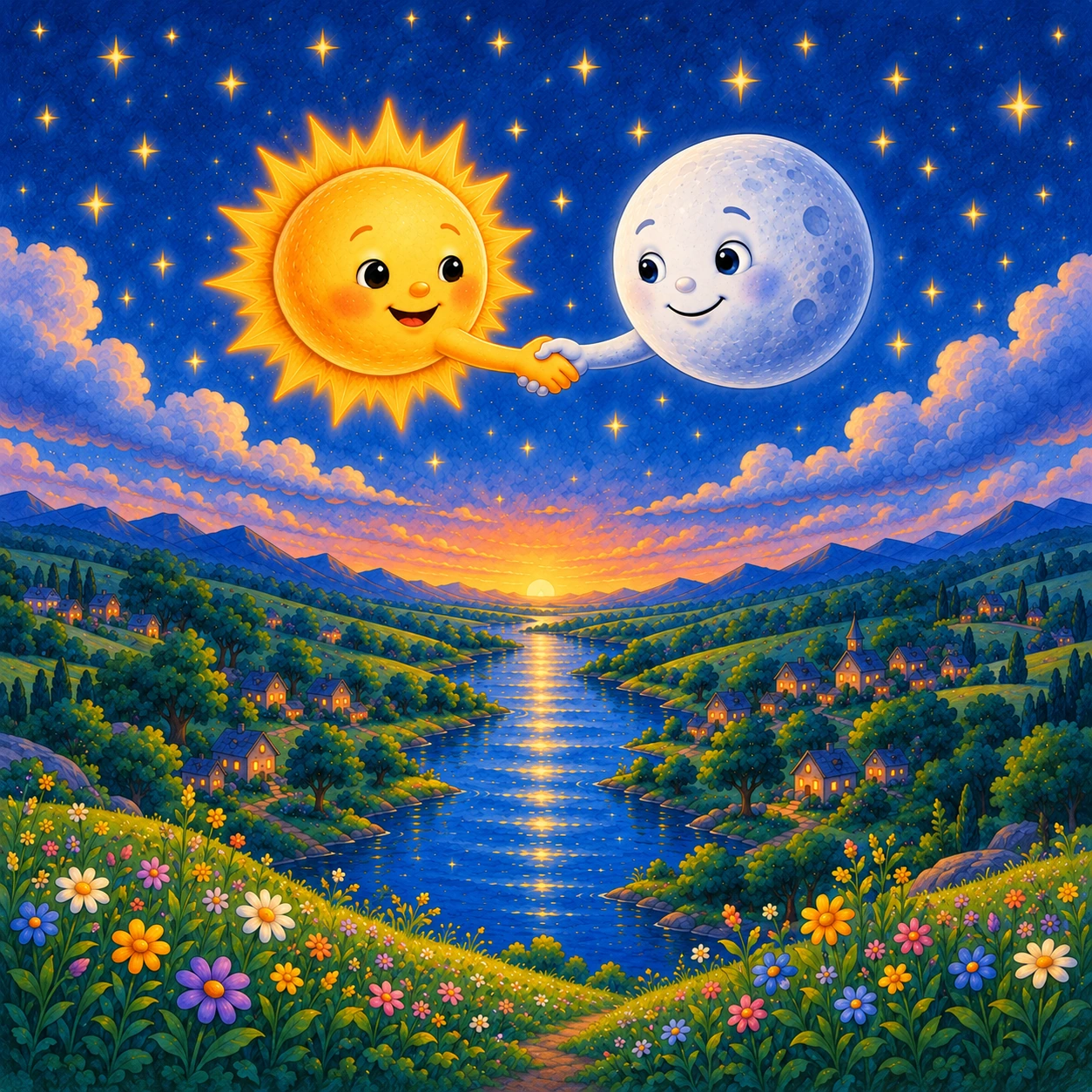 Originalillustration aus Kapitel 9: Sunny und der lächelnde silberne Mond reichen sich die Hand über dem funkelnden Tal