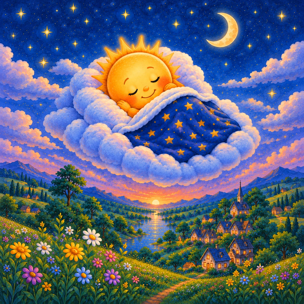 Originalillustration aus Kapitel 10: Sunny schläft in ihrem weichen Wolkenbett unter der blauen Sternendecke; über ihr leuchtet der Mond